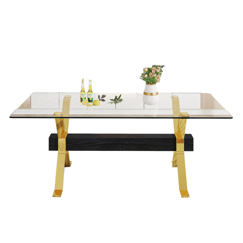 Tempered Glass Table w/ 8 Gold Plated Dining Chair