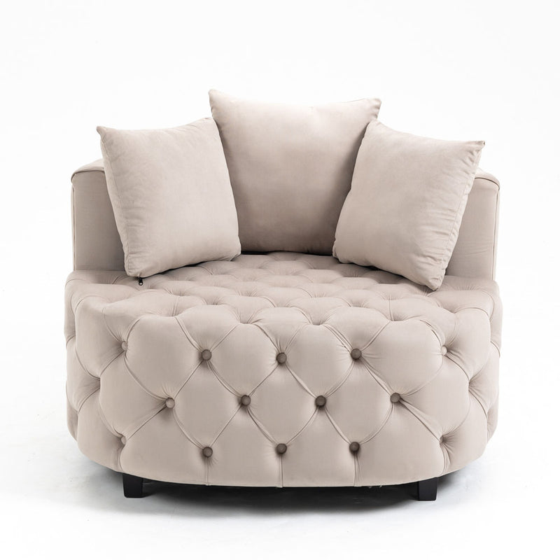 Tufted Upholstered Classical Barrel Chair w/ Pillows