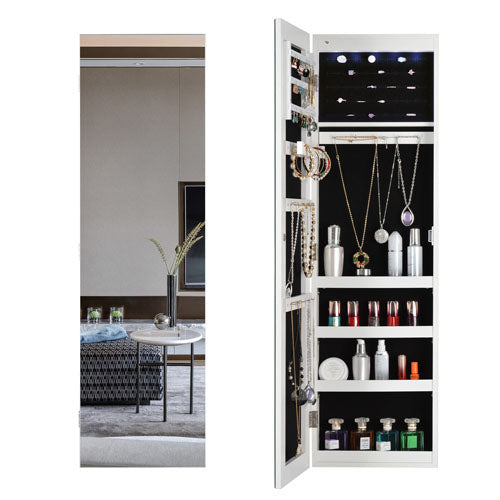 Full Body Mirror w/ Jewelry Case Cabinet & LED Light (White)