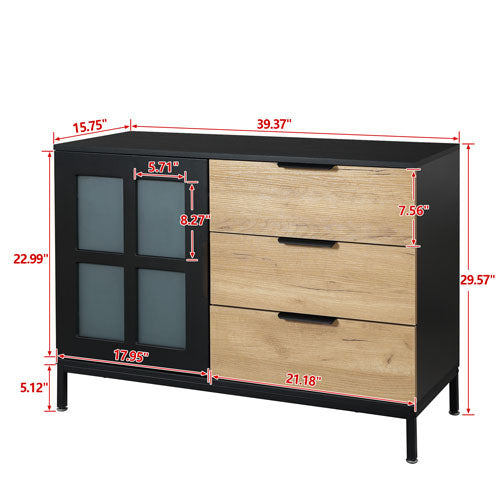 Dresser Cabinet with Glass Door & 3 Drawers (Black+Brown)