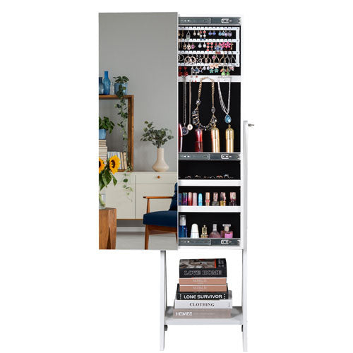 Full Length Body Mirror with Jewelry Cabinet (White)