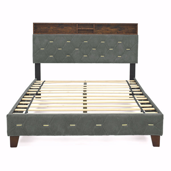 Full-Sized Bedframe with Upholstered Headboard (Grey)