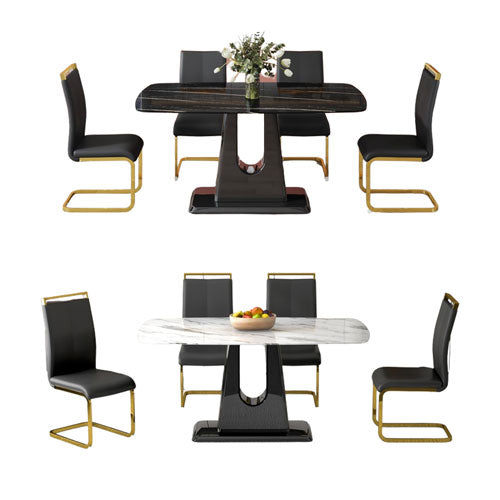 Marble Like Table & Gold Plated Dining Chair Set