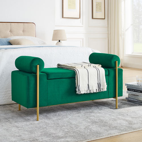 Upholstered Bench with Cylindrical Arms & Iron Legs (Green)