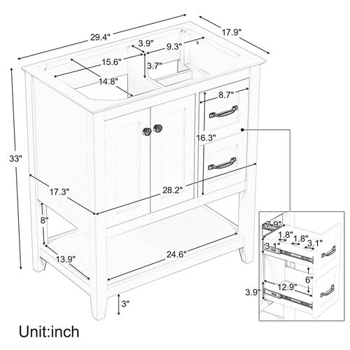 Vanity Base with Multi-Functional Drawer 30" (White)