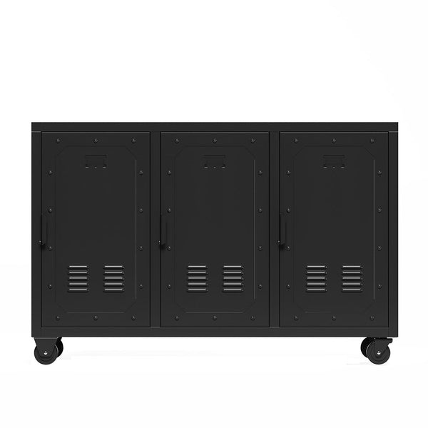 3-Door Metal Storage Cabinet on Wheels (Black)