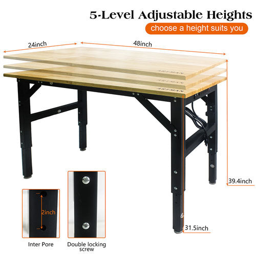 Metal Adjustable Worktable with Socket & Wooden Top