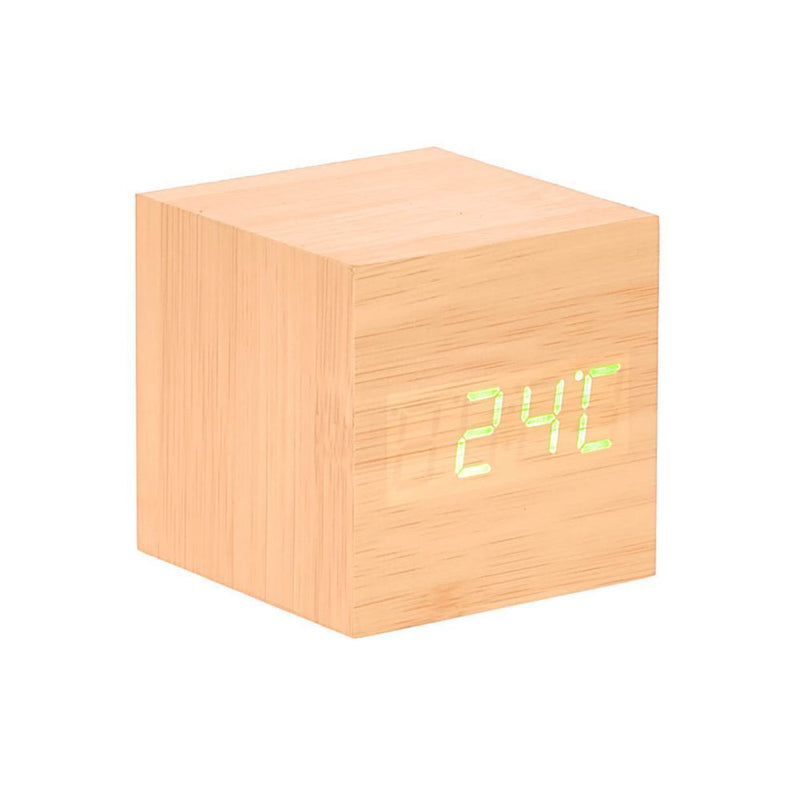 Reloj de escritorio LED en forma de cubo de madera con visualización de temperatura y fecha