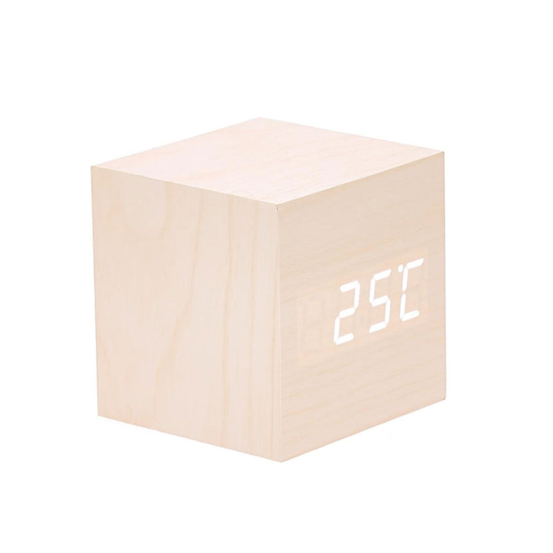 Reloj de escritorio LED en forma de cubo de madera con visualización de temperatura y fecha